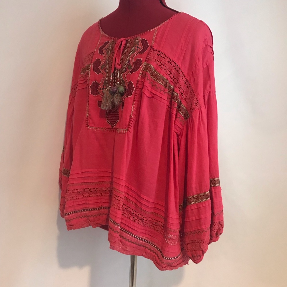 Sundance Coral Red Embroidered Boho Blouse - Picture 3 of 13